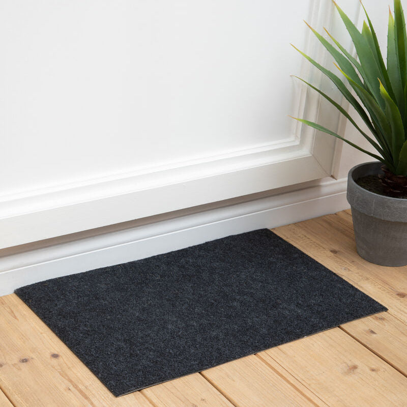 Black doormat on a wooden floor next to a plant