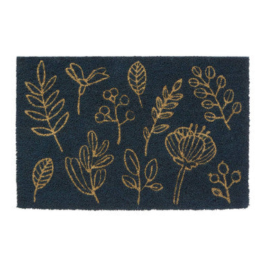 Decorative doormat with leaf patterns on a dark blue background