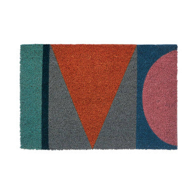 Geometric patterned doormat with colorful shapes on a white background