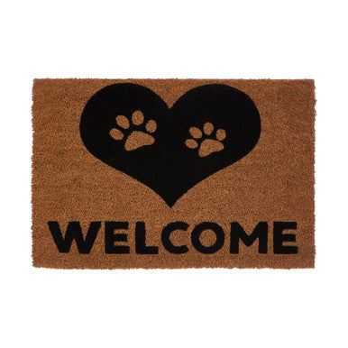 Doormat with heart design featuring paw prints and the word &
