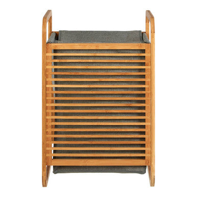 Wooden laundry basket with a gray liner on a white background