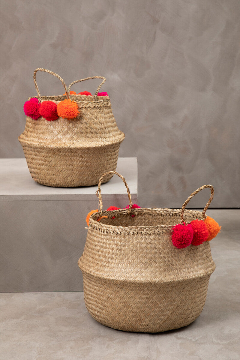 Small Seagrass Pom Pom Basket