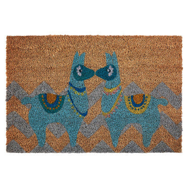 Doormat with blue llama design on a brown background