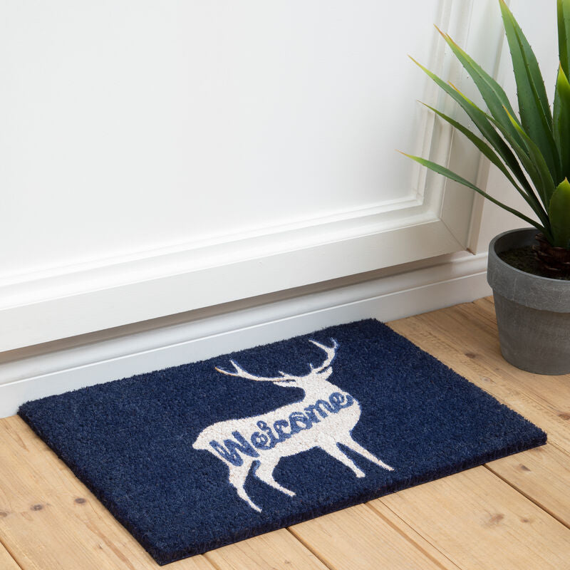 Navy doormat with white deer design and &