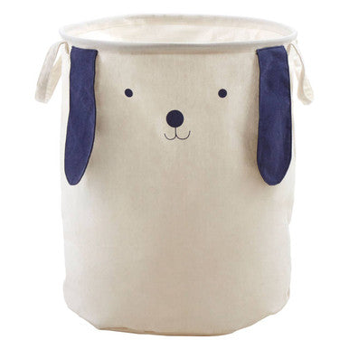 Canvas laundry basket with dog ears and face design on a white background