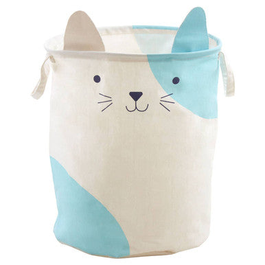Cartoon cat-shaped storage basket with a white body and blue accents on a white background