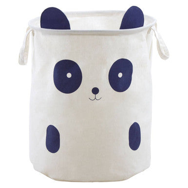 White laundry basket with panda face design on a white background