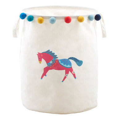 Canvas storage basket with a horse design and colorful pom-poms on a white background
