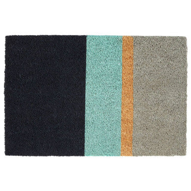 Doormat with black, teal, orange, and gray stripes on a white background