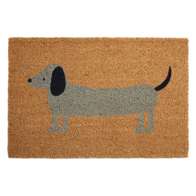 Doormat with a dachshund design on a beige background