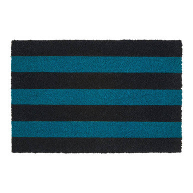Doormat with black and blue horizontal stripes on a white background