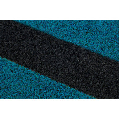Blue and black doormat with a stripe pattern