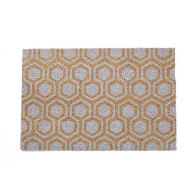Hexagonal patterned rug with gold and white colors on a white background