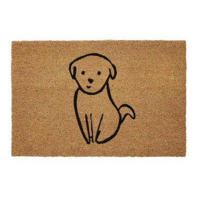 Doormat with a black outline of a dog on a beige background