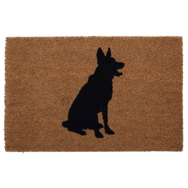 Doormat with a black silhouette of a dog on a brown background