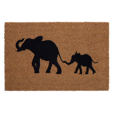 Doormat with black silhouette of two elephants on a beige background