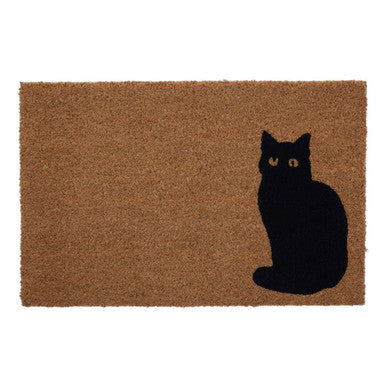 Doormat with a black cat silhouette on a brown background