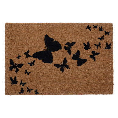 Doormat with black butterfly design on a beige background