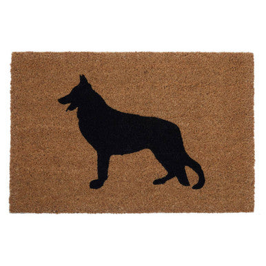 Doormat with a black silhouette of a dog on a brown background