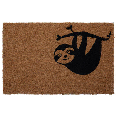 Doormat with a black sloth design on a brown background