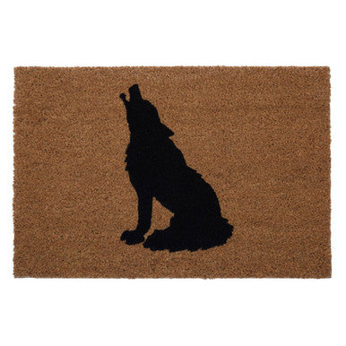 Doormat with a black silhouette of a howling wolf on a brown background