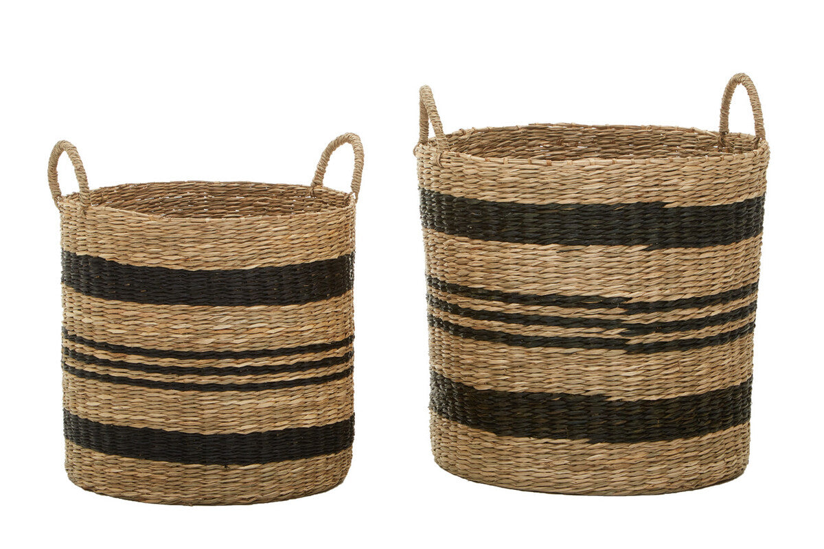 Two woven baskets with black stripes on a white background