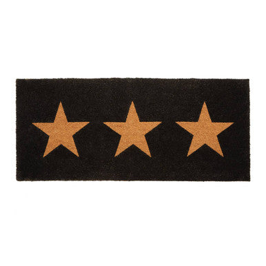 Black doormat with three gold stars on a white background