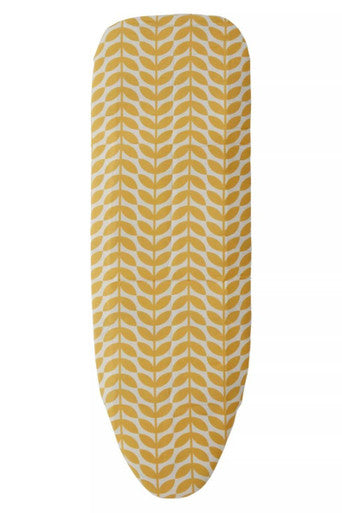 Yellow ironing board cover with a leaf pattern on a white background