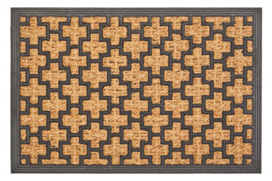 Patterned doormat with geometric design on a black background