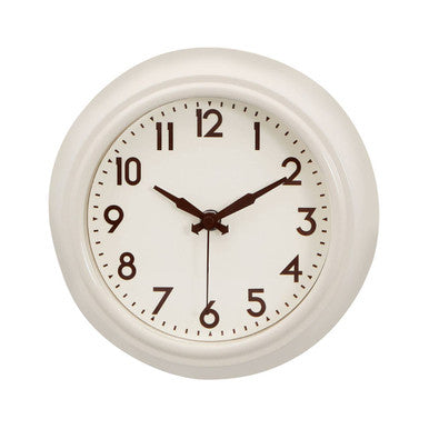 White wall clock with black numbers and hands on a white background