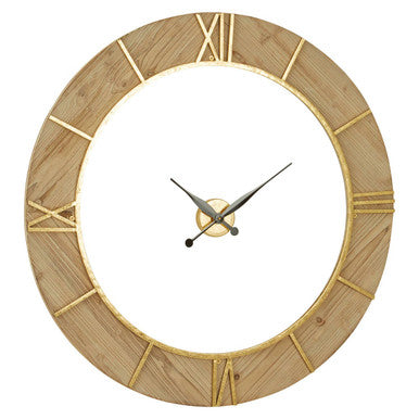 Wooden wall clock with gold accents on a white background