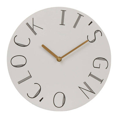 Round wall clock with decorative text on a white background