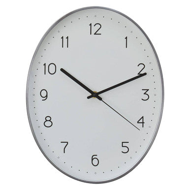 Round wall clock with black hands and numbers on a white background