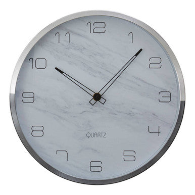 Round wall clock with metallic finish on a white background