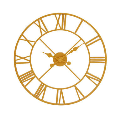 Gold wall clock with Roman numerals on a white background