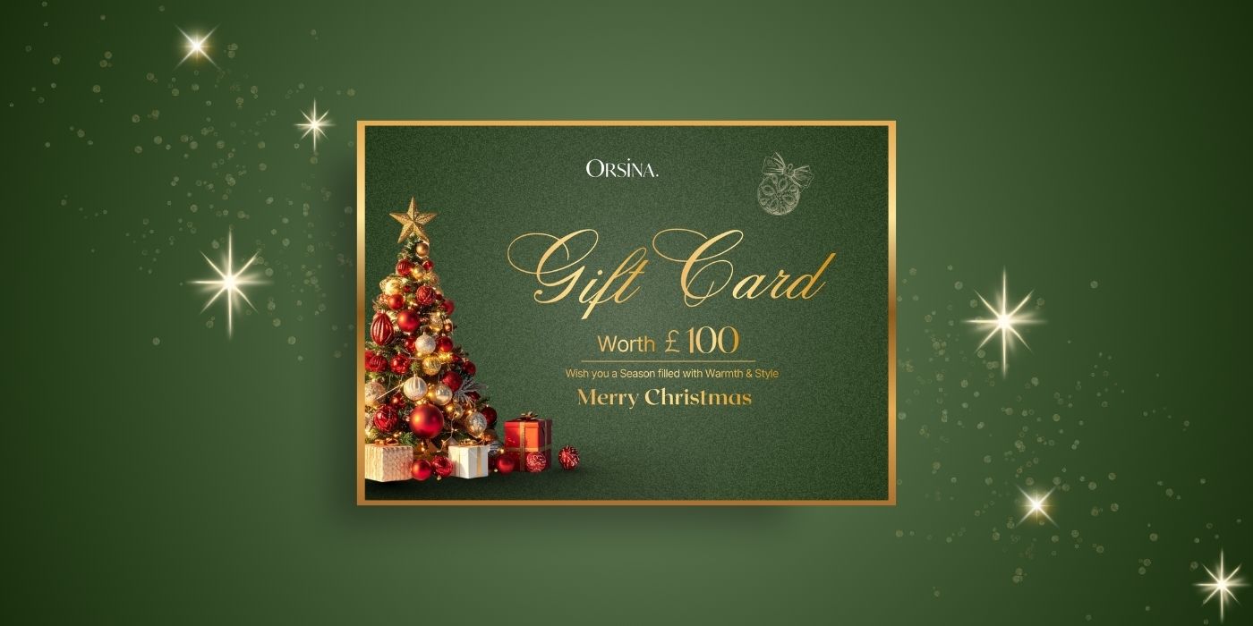 Ornate gift card with Christmas tree and presents on a green background