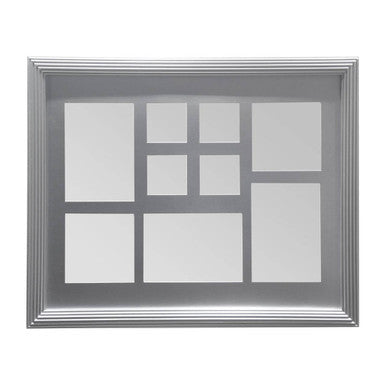 Silver picture frame with multiple rectangular openings on a white background
