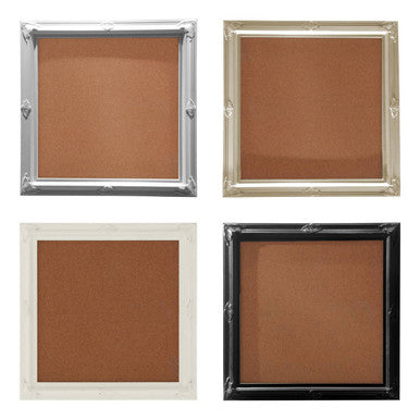 Four square frames with different metallic borders on a white background