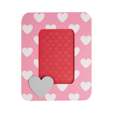 Pink heart-patterned picture frame with a red center on a white background