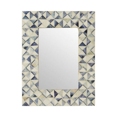 Rectangular mirror with a geometric blue and beige frame on a white background