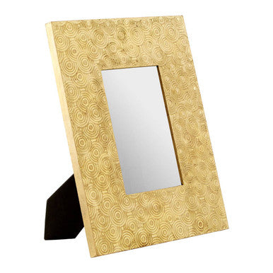 Gold decorative mirror with a textured frame on a white background