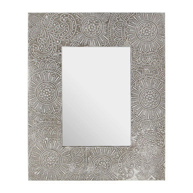 Decorative mirror with a textured, patterned frame on a white background