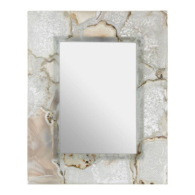 Rectangular mirror with a decorative frame featuring a marble-like pattern on a white background