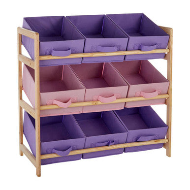 Storage unit with purple and pink bins on a white background