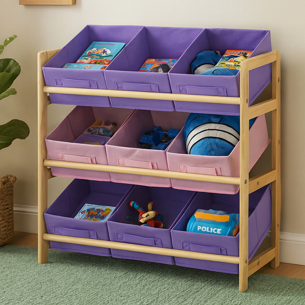 Toy storage organizer with purple bins containing toys on a wooden shelf.