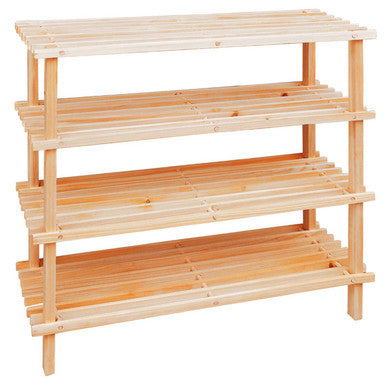 Wooden shoe rack with four shelves on a white background
