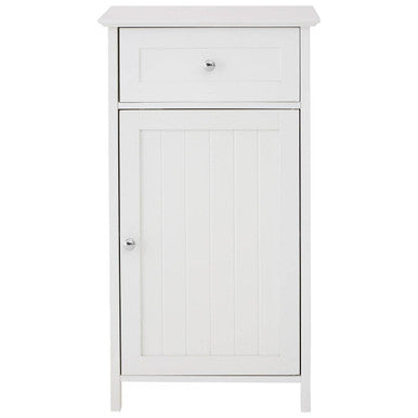 White wooden cabinet with a door and a drawer on a white background