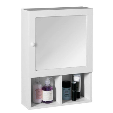 White wall-mounted cabinet with products inside on a white background