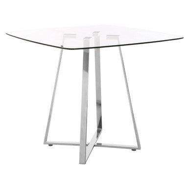 Clear Glass Square Dining Table with Silver Finish Metal Base, Metropolitan