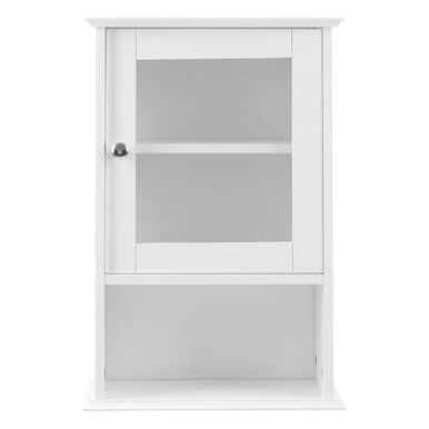White wall cabinet with a glass door on a white background